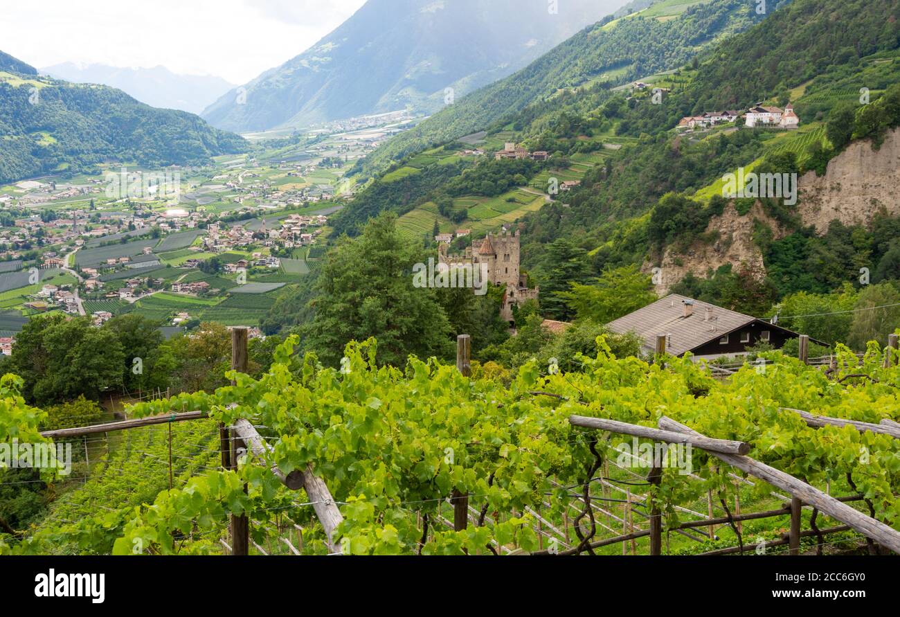 Vallée de Venosta dans le Tyrol du Sud, province de Bolzano, nord de l'Italie. La vallée de Venosta constitue une destination de vacances idéale en été et en hiver. Banque D'Images