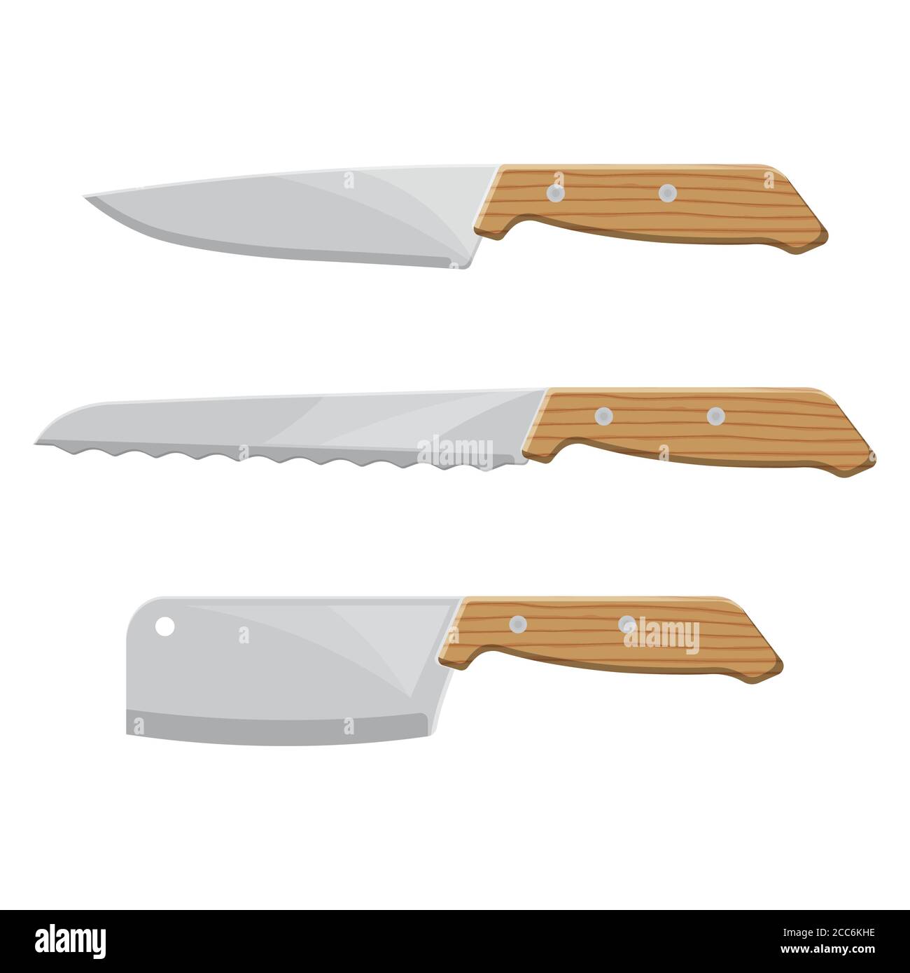 Un ensemble de couteaux de cuisine sur le fond isolé. Outils de coupe avec la poignée en bois. Éléments de conception. Illustration vectorielle de style plat Illustration de Vecteur