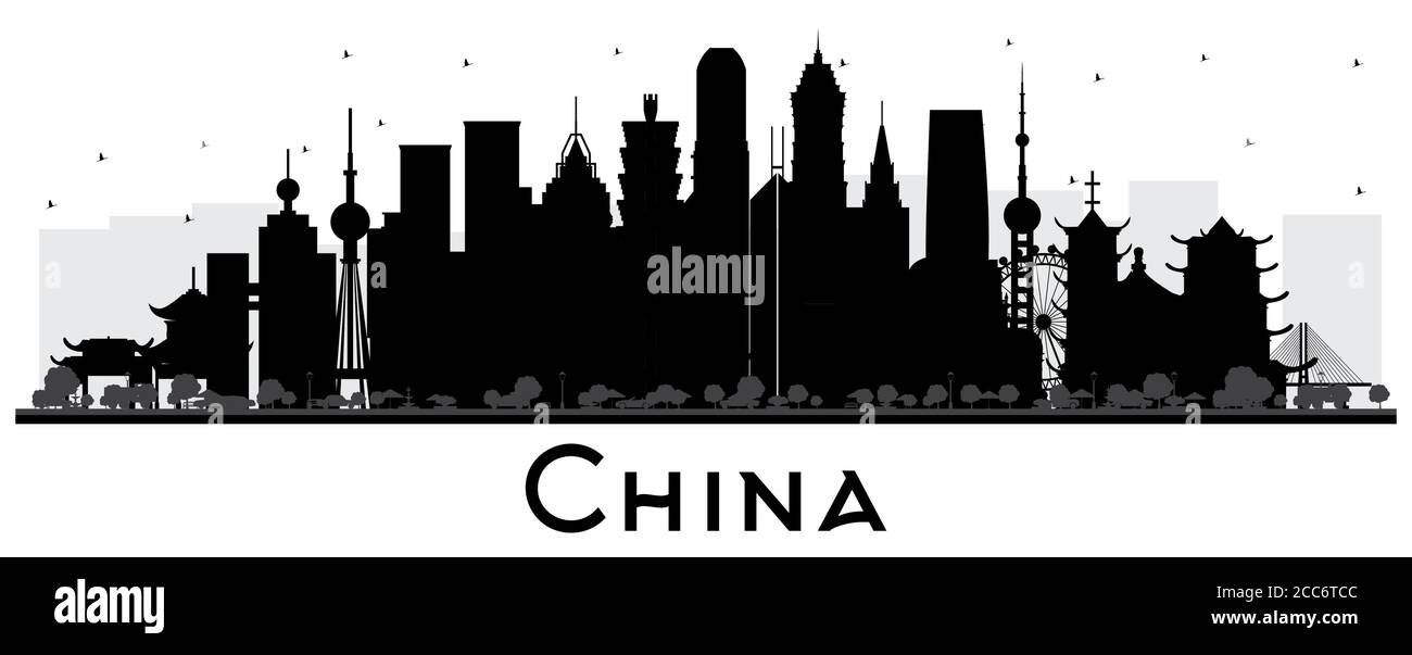 Silhouette d'horizon de China City avec bâtiments noirs isolés sur blanc. Monuments célèbres en Chine. Illustration vectorielle. Voyages d'affaires et Tourisme Conc Illustration de Vecteur