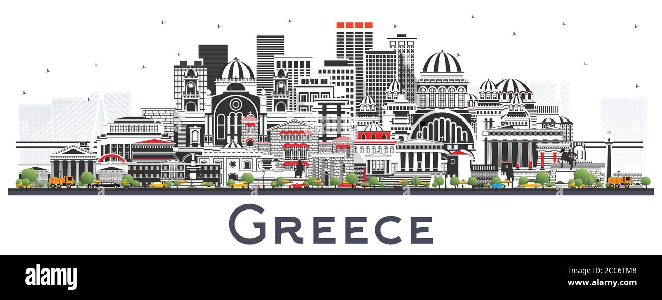Bienvenue à la ville de Grèce Skyline avec des bâtiments gris isolés sur blanc. Illustration vectorielle. Concept avec architecture historique. Illustration de Vecteur