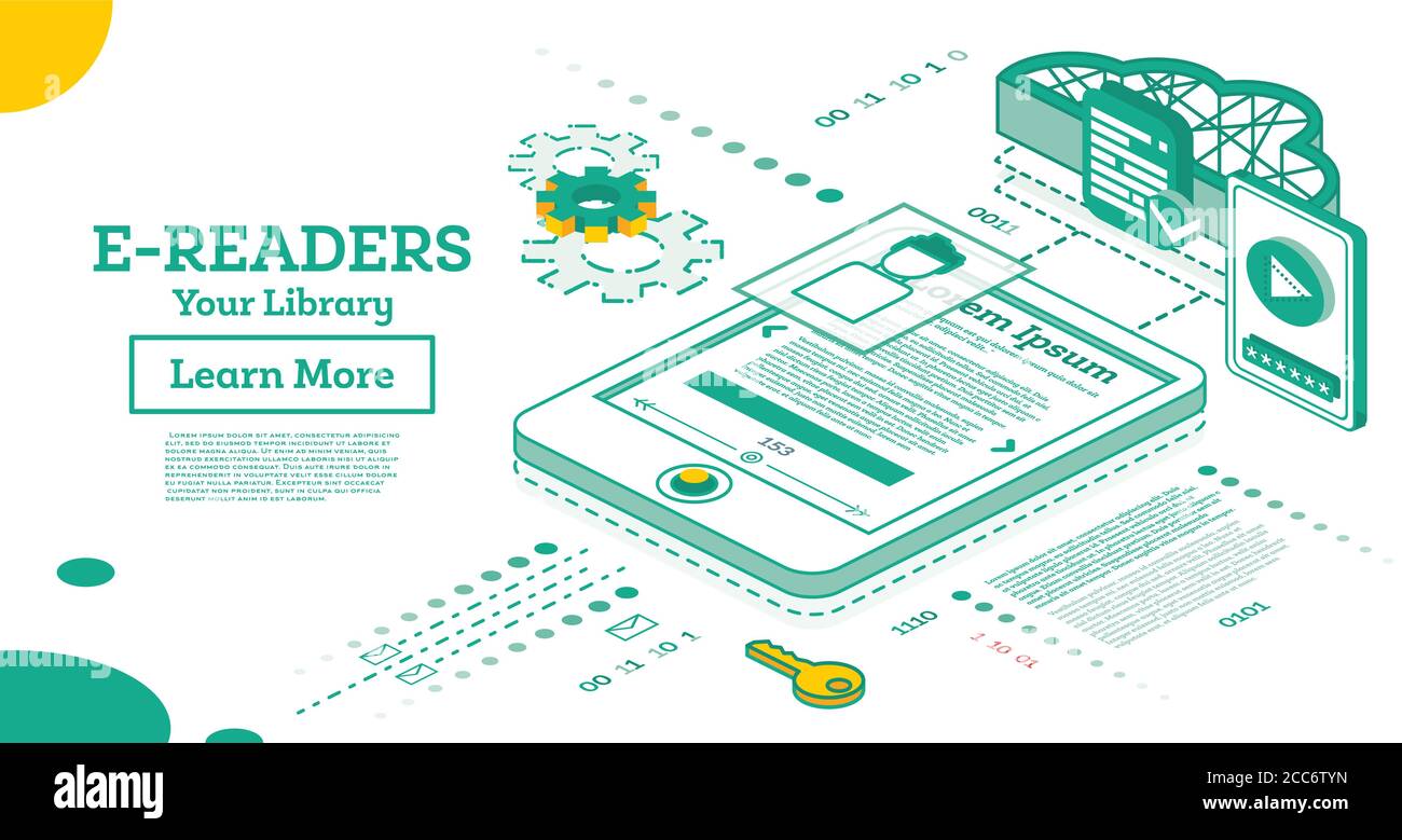 Lecteur de livres électroniques. Concept isométrique d'éducation en ligne. Concept de bibliothèque moderne avec archivage électronique des livres. Illustration vectorielle. Livre électronique avec Cloud TEC Illustration de Vecteur