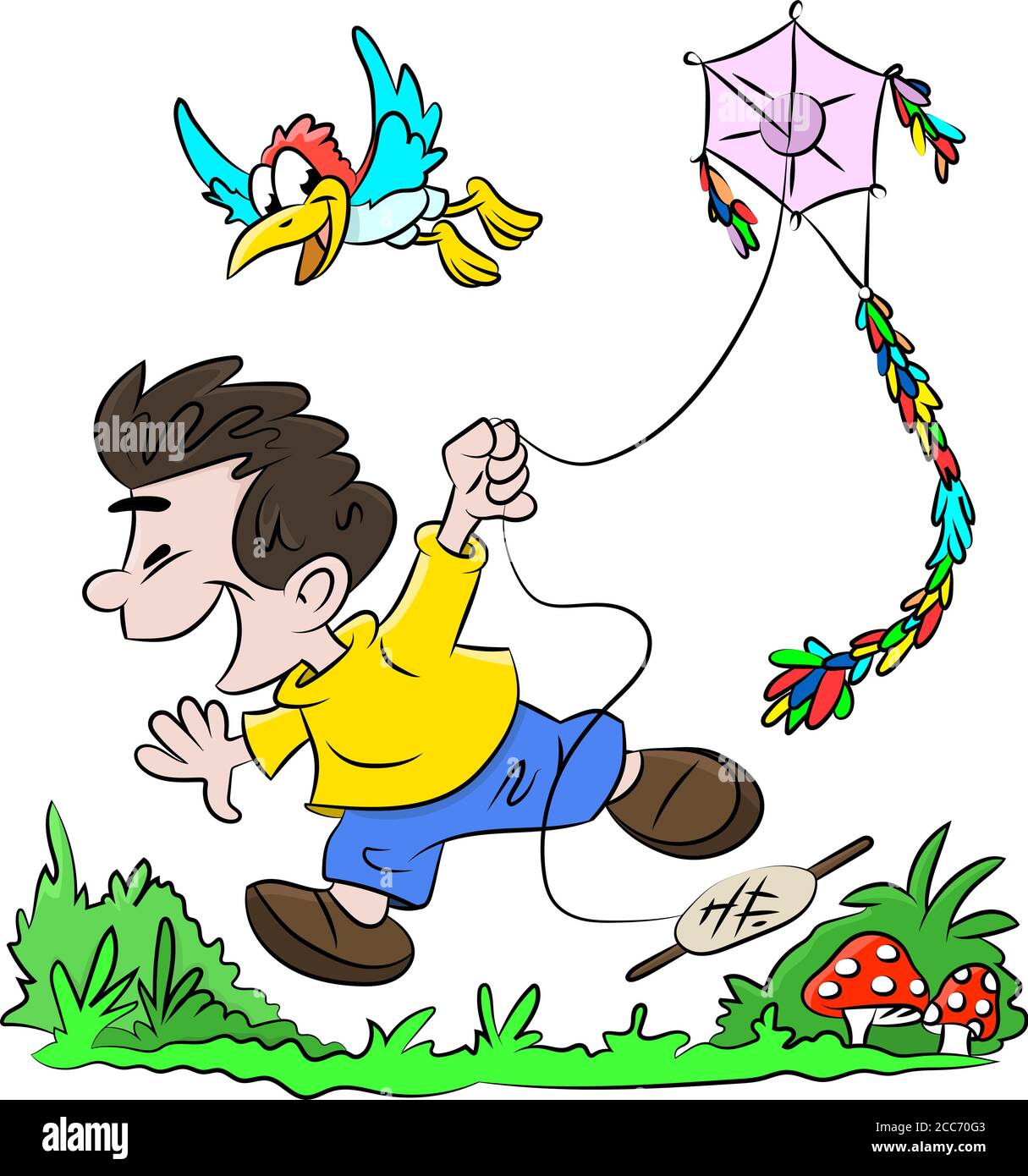 Dessin animé garçon courant heureusement et volant une illustration de vecteur cerf-volant Illustration de Vecteur