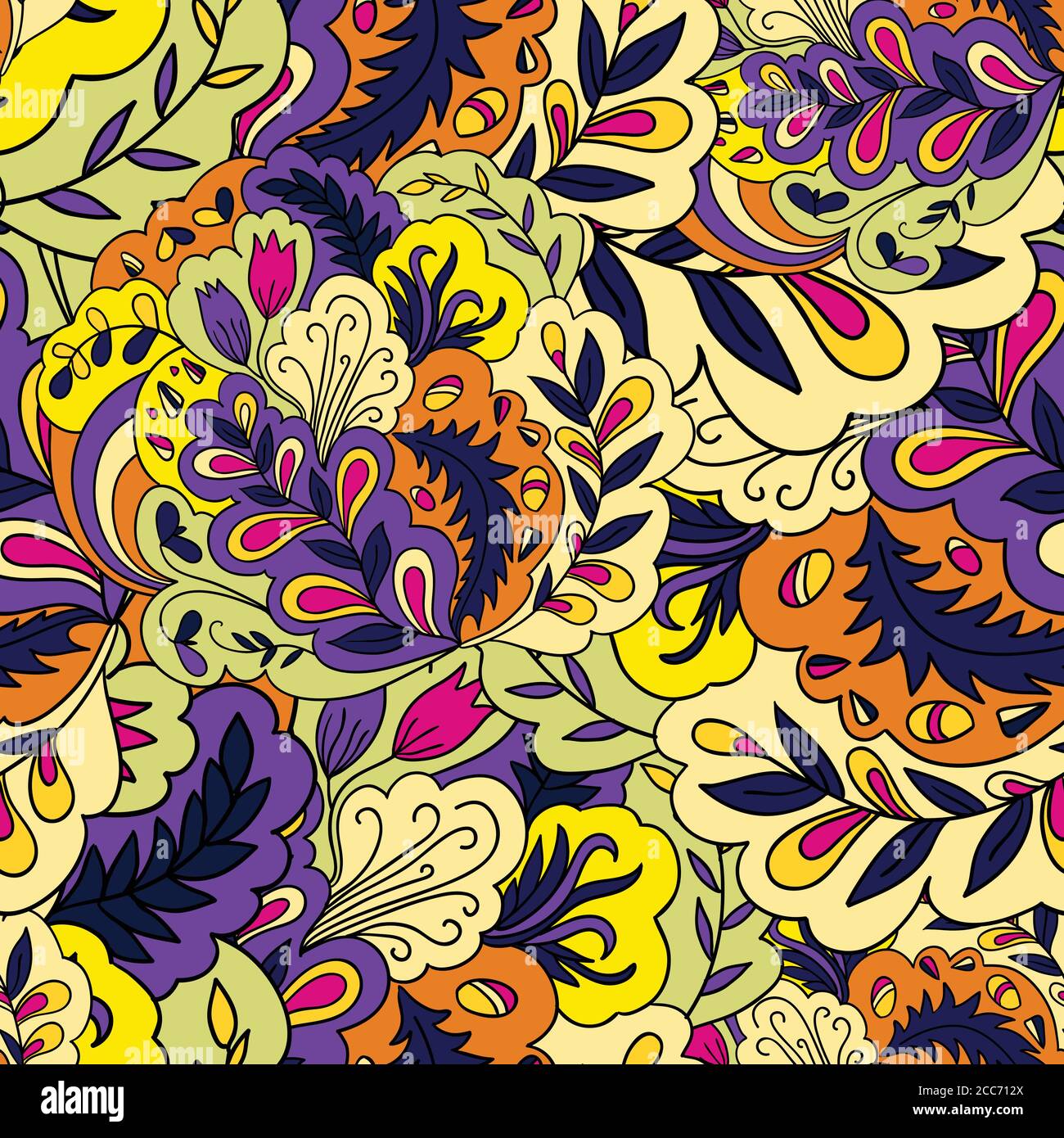 Motif sans couture avec éléments de plantes vintage. Arrière-plan psychédélique avec ornement floral. Illustration de Vecteur