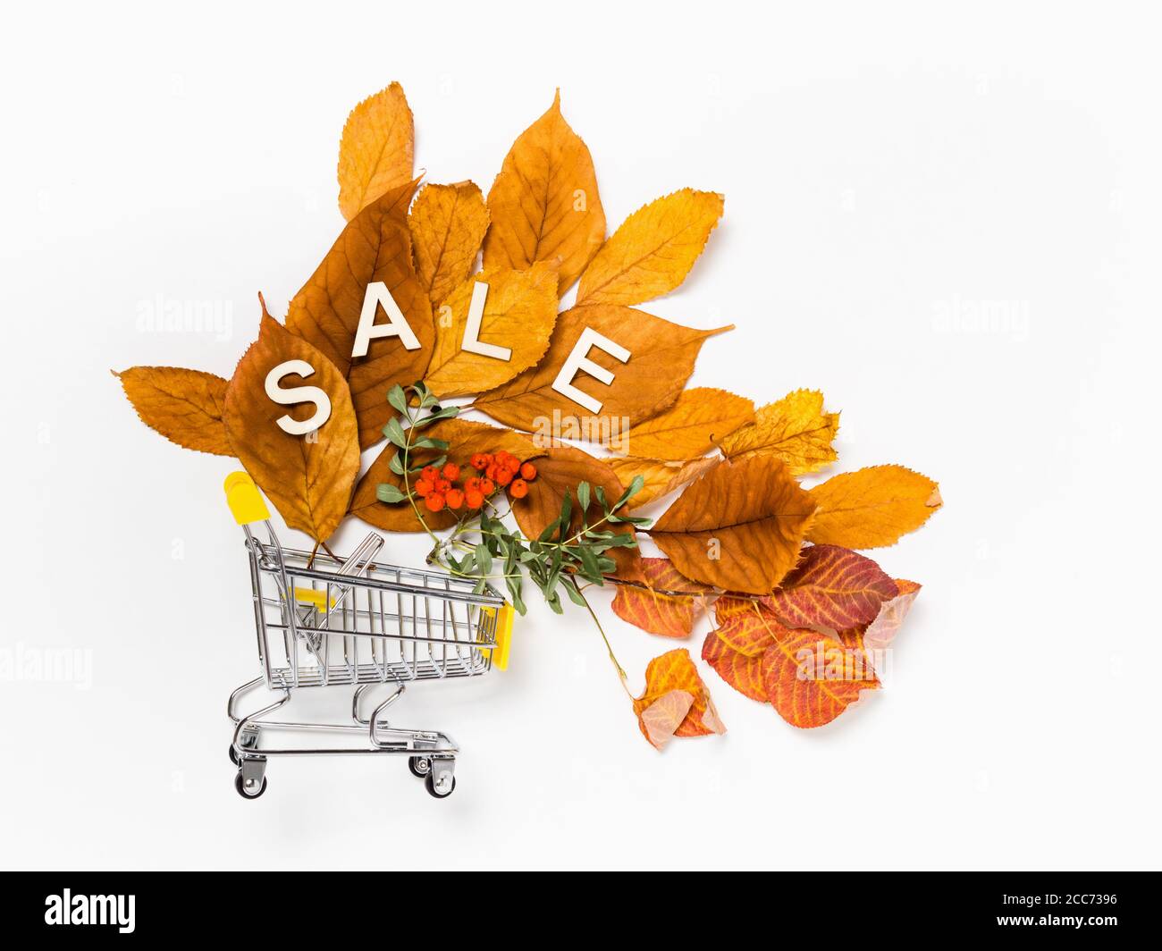 Vente d'automne: Panier avec vente de mot en lettres de bois sur pile de feuilles d'automne jaunes et branches de rowan sur fond blanc. Vente saisonnière ou fal Banque D'Images