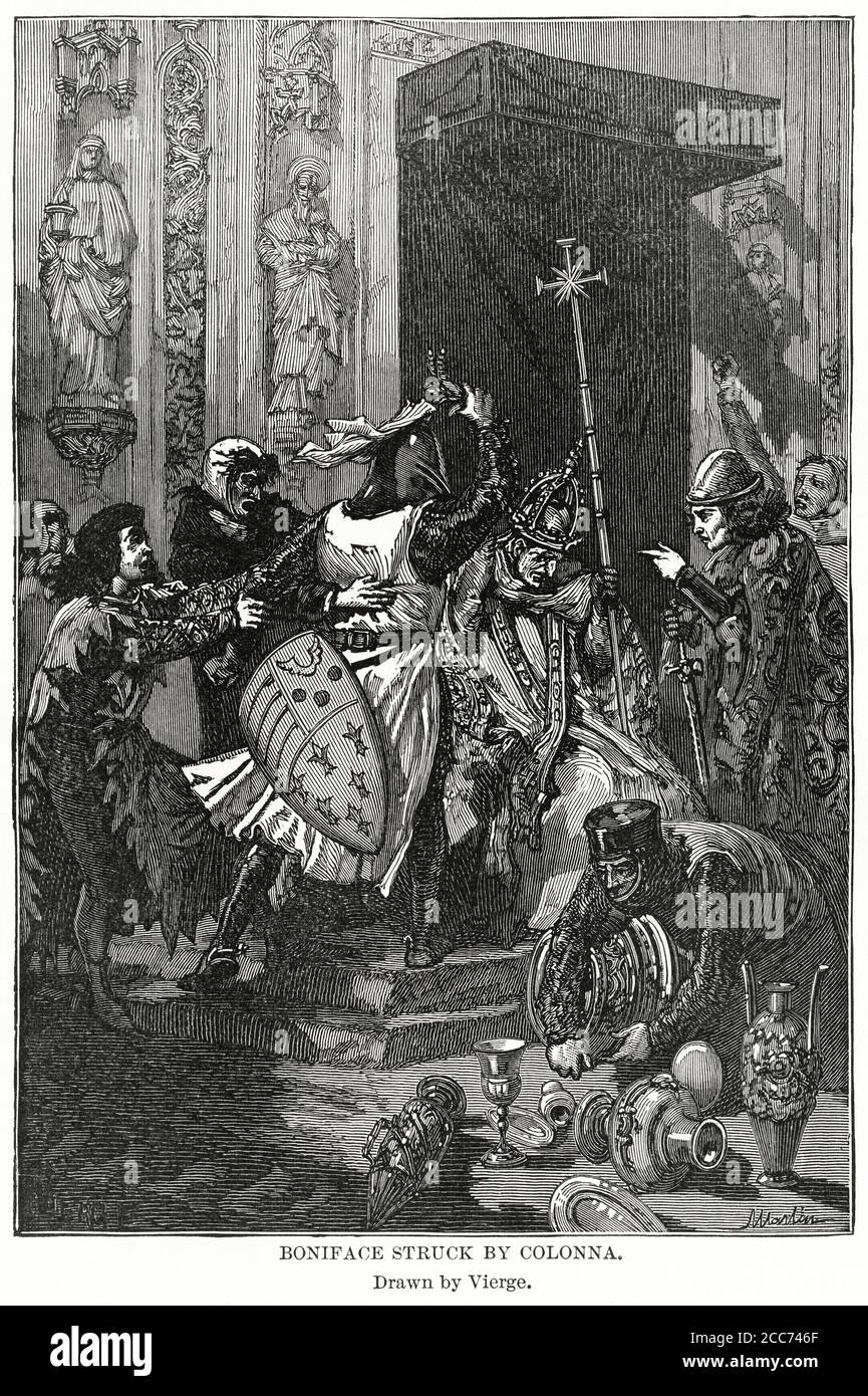 Boniface frappé par Colonna, dessiné par Vierge, Illustration, Histoire du monde de Ridpath, Volume III, par John Clark Ridpath, LL. D., Merrill & Baker Publishers, New York, 1897 Banque D'Images Boniface frappé par Colonna, dessiné par Vierge, Illustration, Histoire du monde de Ridpath, Volume III, par John Clark Ridpath, LL. D., Merrill & Baker Publishers, New York, 1897 Banque D'Images