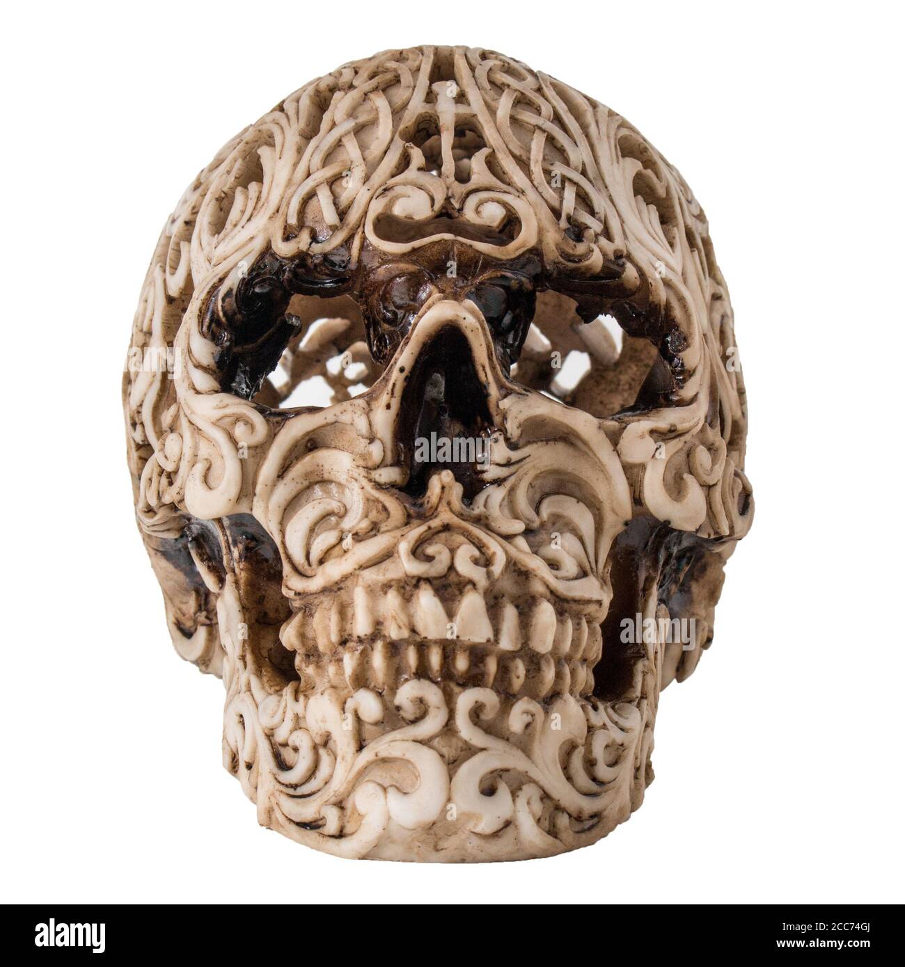 Crâne isolé sur fond blanc. Crâne avec motif sculpté. Banque D'Images