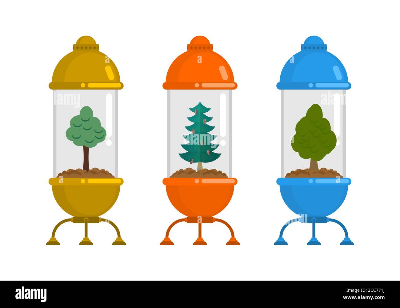 Ensemble arbre en cloche en verre. Concept de conservation de la nature. Bocal de laboratoire et bois. Pour une affiche sur l'environnement Illustration de Vecteur