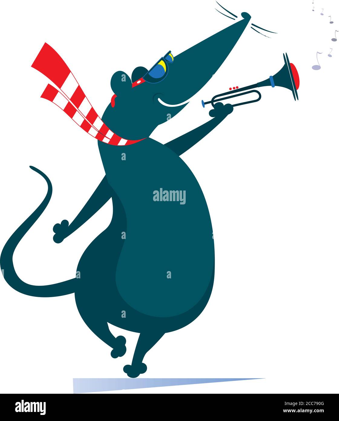 Bande dessinée rat ou souris un trompettiste joue de l'illustration musicale. Rat ou souris jouant trompette isolée sur blanc Illustration de Vecteur
