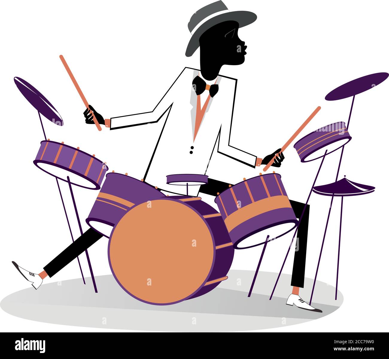Illustration du batteur et du kit de batterie africains. Caricature homme africain joue sur des tambours isolés sur l'illustration blanche Illustration de Vecteur