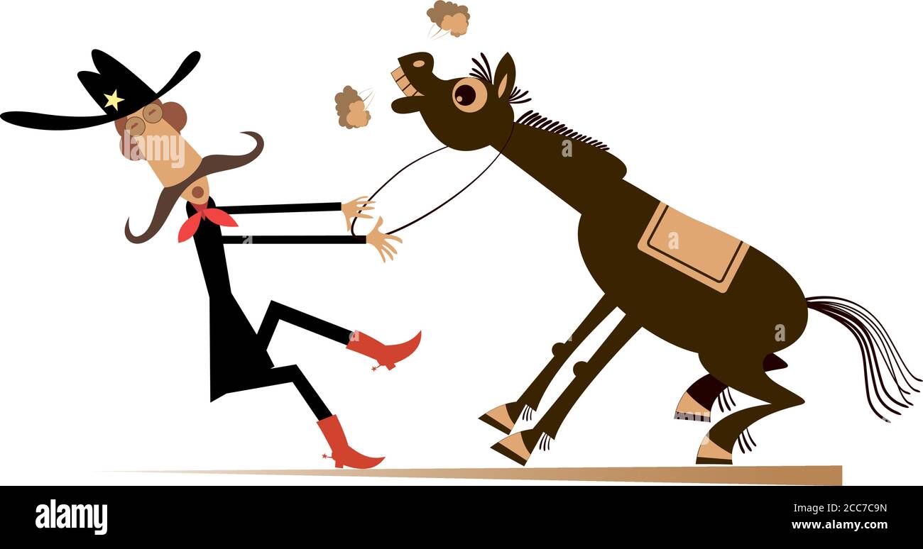 Illustration de rodéo de dessin animé. L'homme ou le cowboy dans le chapeau Stetson avec la longue moustache tente de tenir le cheval têtu isolé sur blanc Illustration de Vecteur