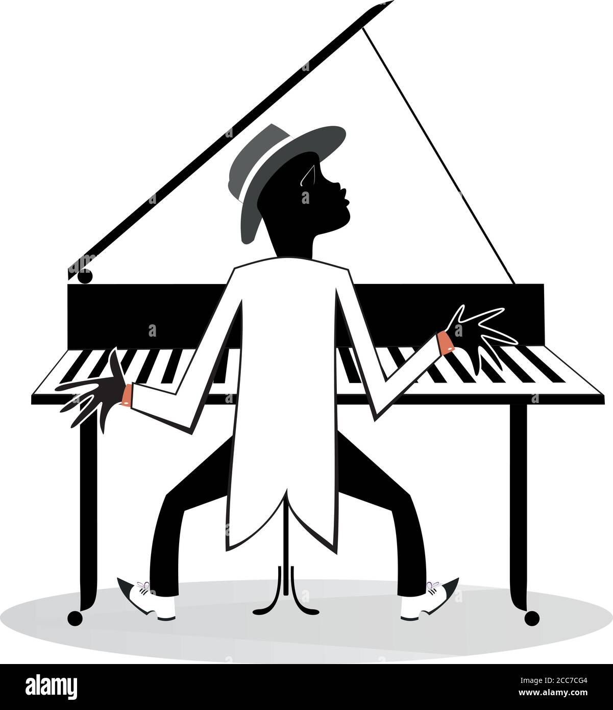 Illustration d'un pianiste africain. Le musicien afro-américain joue du piano avec inspiration isolée sur le blanc Illustration de Vecteur
