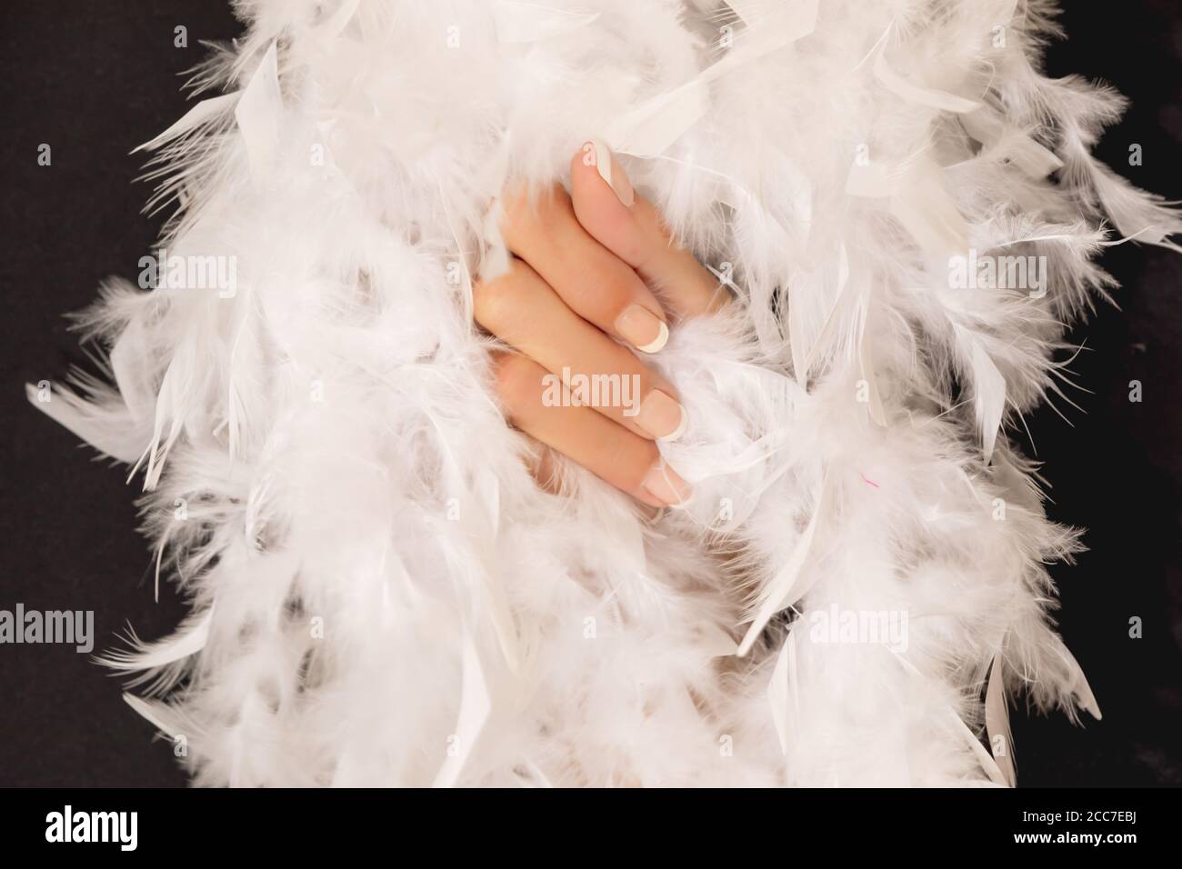 Une main femelle douce entre des plumes blanches douces Banque D'Images