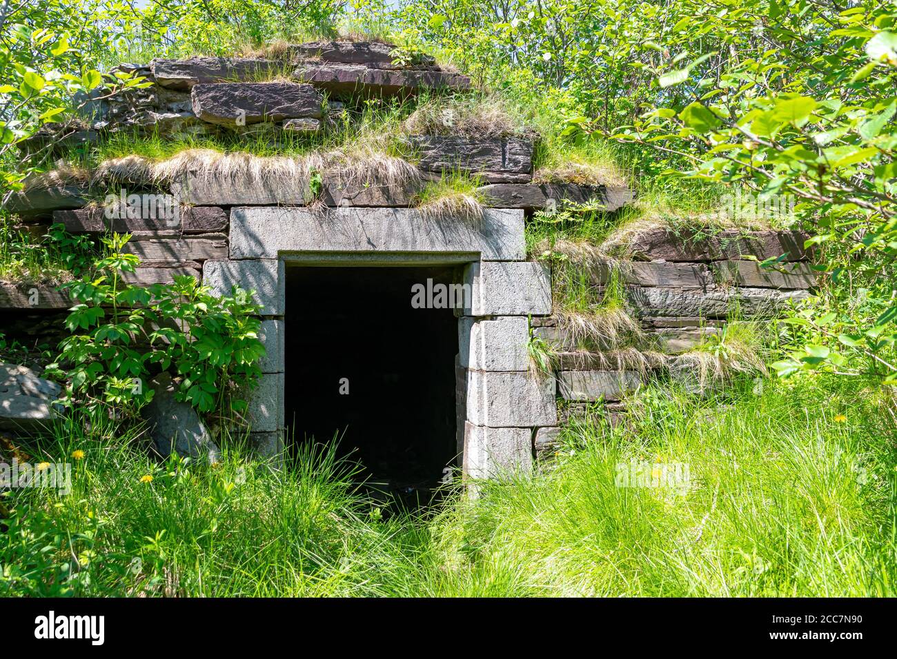L'entrée d'un vieux magazine de munitions. Il est fait de pierre, et se trouve sur le côté d'une colline recouverte d'herbe et d'arbustes. Construit dans les années 1800. Banque D'Images