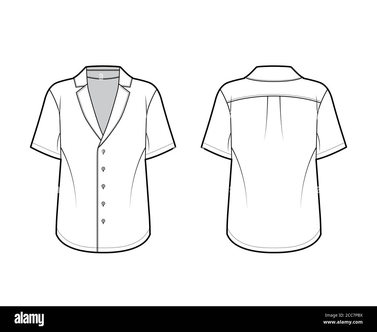 Chemise de pyjama technique avec silhouette ample, boutons à l'avant et col pointu cranté, manches courtes. Modèle de vêtement plat avant arrière de couleur blanche. Femmes hommes unisexe haut Illustration de Vecteur