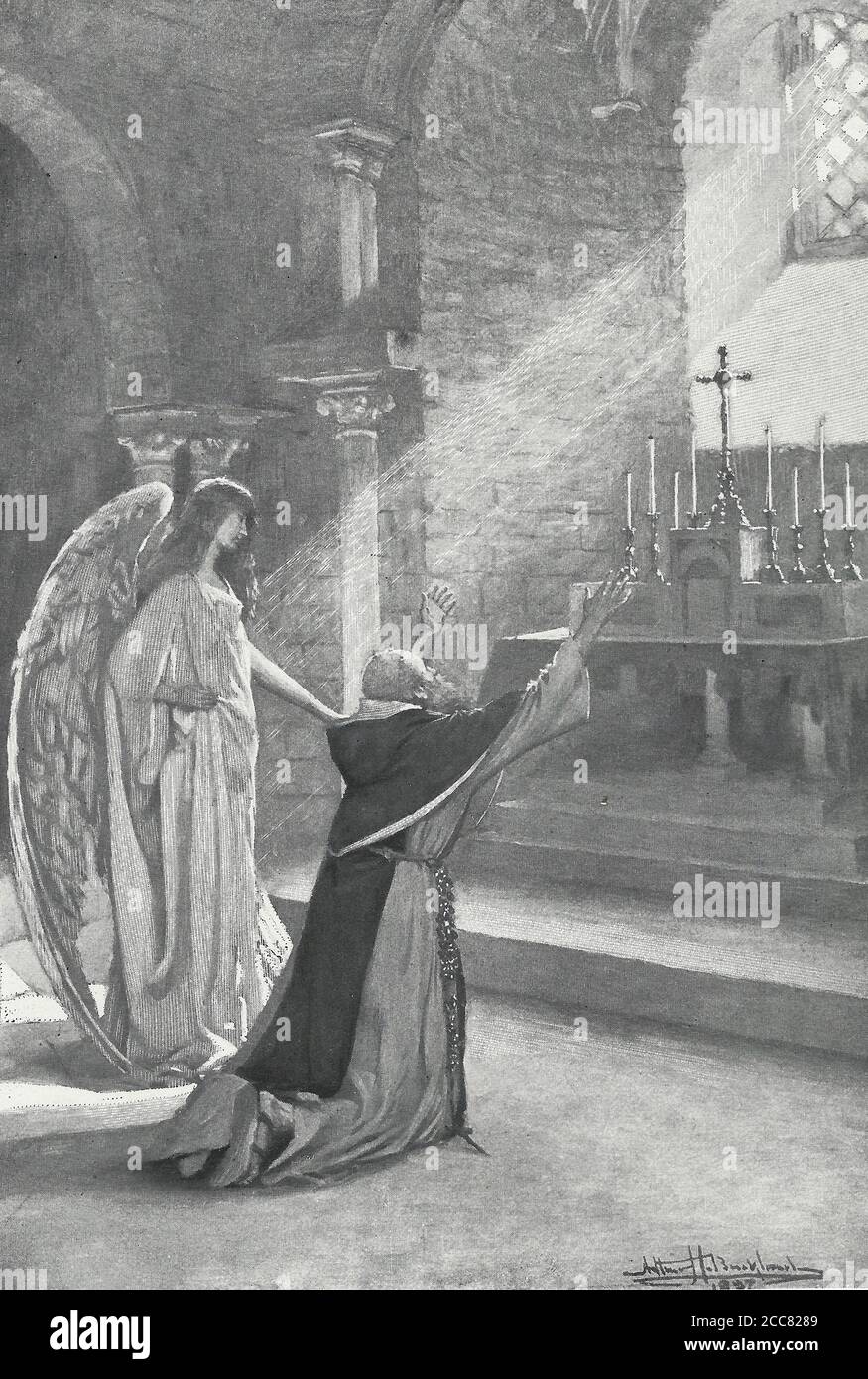 Ange debout à côté d'un prêtre à genoux avec diffusion de lumière par la fenêtre Banque D'Images