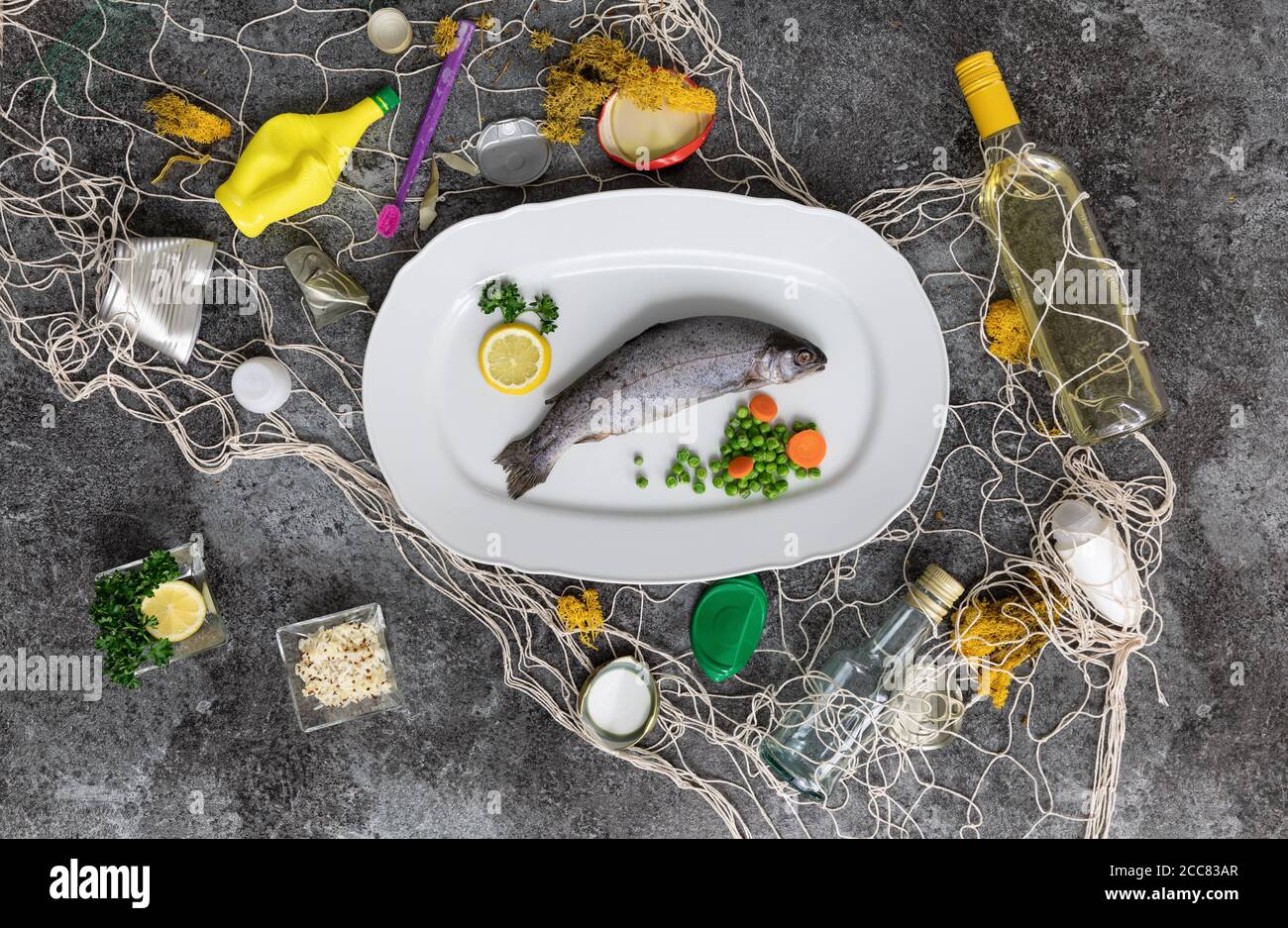 assiette de poisson blanche avec truite arc-en-ciel, pois, carottes, citrons et divers déchets dans le filet de pêche sur une table en marbre gris Banque D'Images