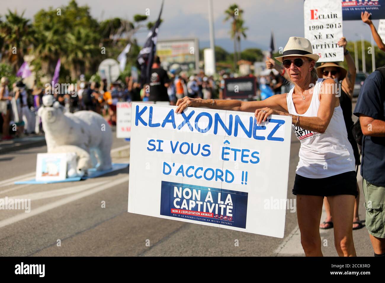 Antibes, France. 16 août 2020. Un activiste a tenu un écriteau contre la captivité pendant la manifestation.des activistes de la protection des animaux ont mené une action de protestation et d'information devant le parc marin 'Marineland' pour dénoncer la captivité des animaux (dauphins, orques, ours polaires.) et les conditions de vie. Credit: Denis Taust/SOPA Images/ZUMA Wire/Alamy Live News Banque D'Images