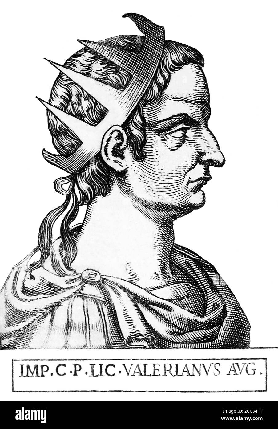 Italie: Valériane (193/195/200-260/264), 40ème empereur romain, du livre Romanorvm imperatorvm effigies: Elogijs ex diuersis scriptoribus per Thomam Treteru S. Mariae Transtyberim canonicum collectis, c. 1583. Valériane était d'une famille sénatrice traditionnelle, et servi sous divers empereurs. Lorsque l'empereur Trebonianus Gallus a été confronté à la rébellion du requérant rival Aemilianus en 253, il s'est tourné vers la Valerian pour obtenir de l'aide. Valériane était trop tard pour sauver Gallus, qui a été assassiné par ses propres troupes, mais son arrivée a vu les légions d'Aemilianus tuer leur propre empereur et défaut du côté de Valériane, le déclarant Banque D'Images