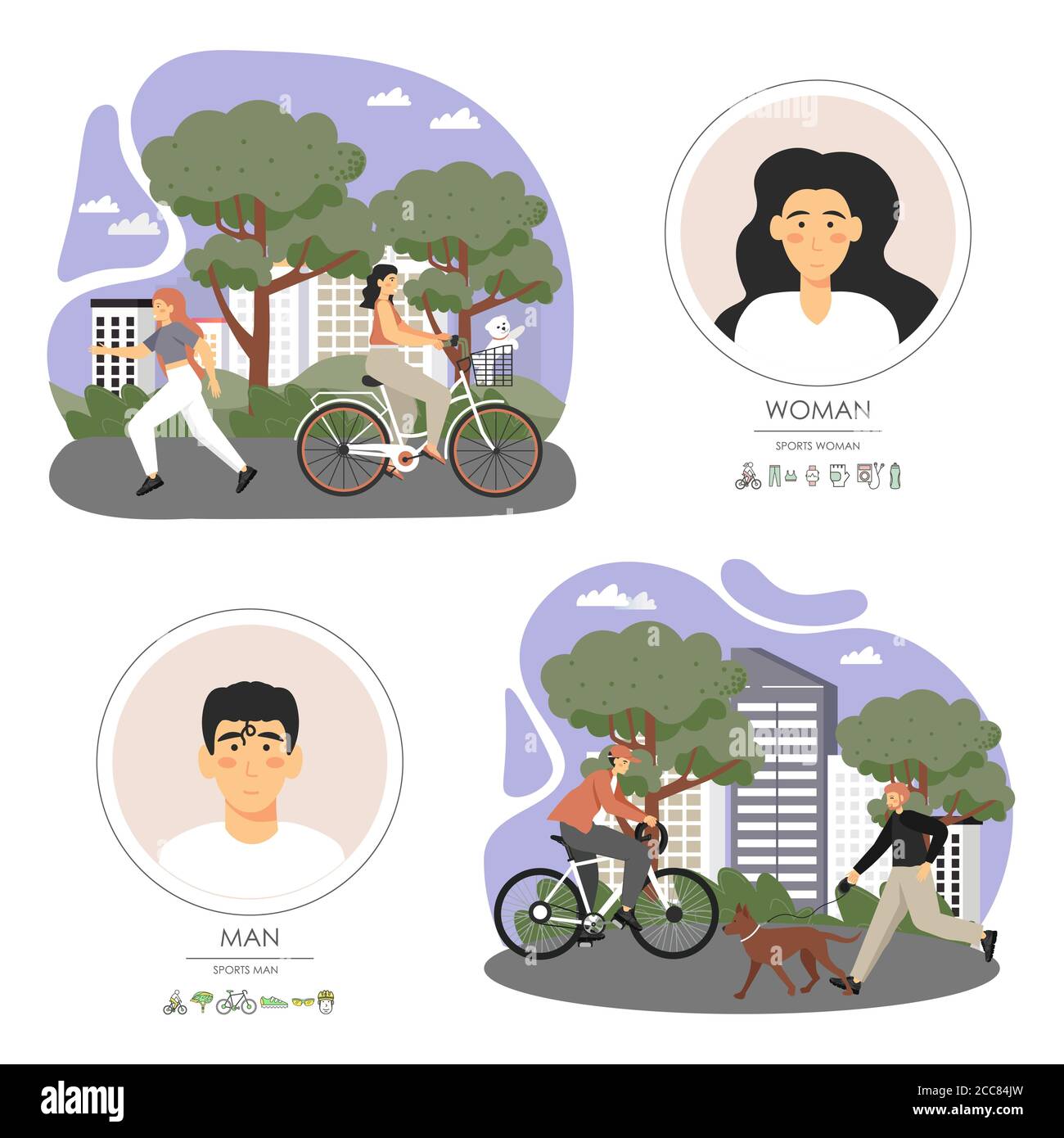 Heureux actifs personnes à vélo, jogging, chien de marche dans le parc de la ville, illustration vectorielle plate Illustration de Vecteur
