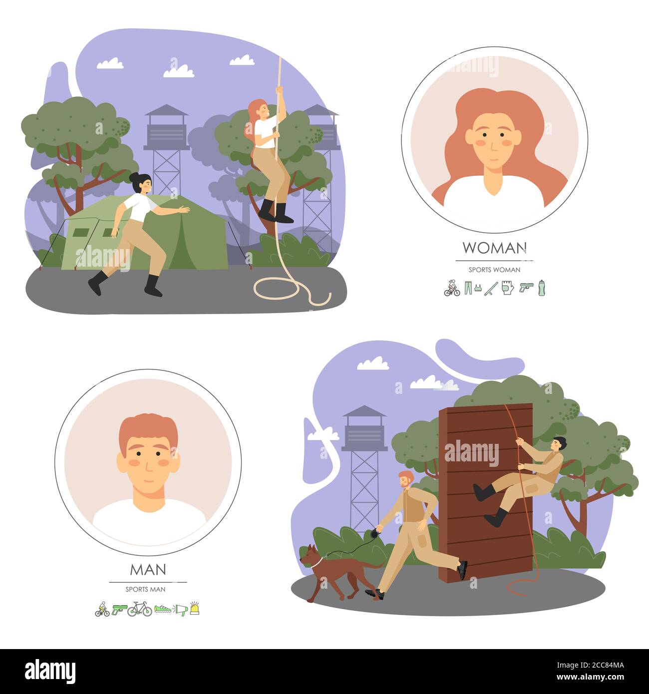 Soldats de l'armée hommes et femmes personnages escalade corde, obstacle, course, chien d'entraînement, illustration de vecteur plat Illustration de Vecteur