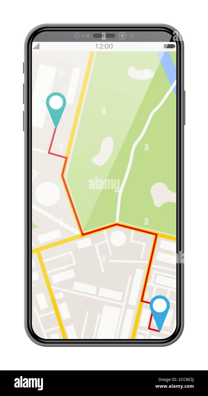 Smartphone moderne avec carte et marqueur. Système de navigation GPS  intégré avec pointeurs verts et bleus. Concept de suivi et de localisation.  Suivez l'application sur l'écran tactile. Illustration vectorielle plate de  dessin