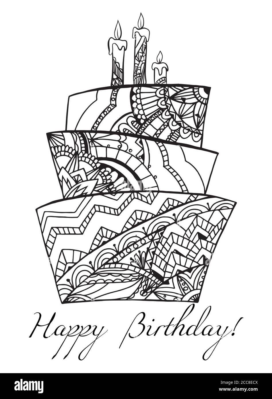 Carte de voeux avec un gâteau décoré avec un motif boho et une félicitations. Coloriage pour adultes. Carte vectorielle pour votre conception Illustration de Vecteur