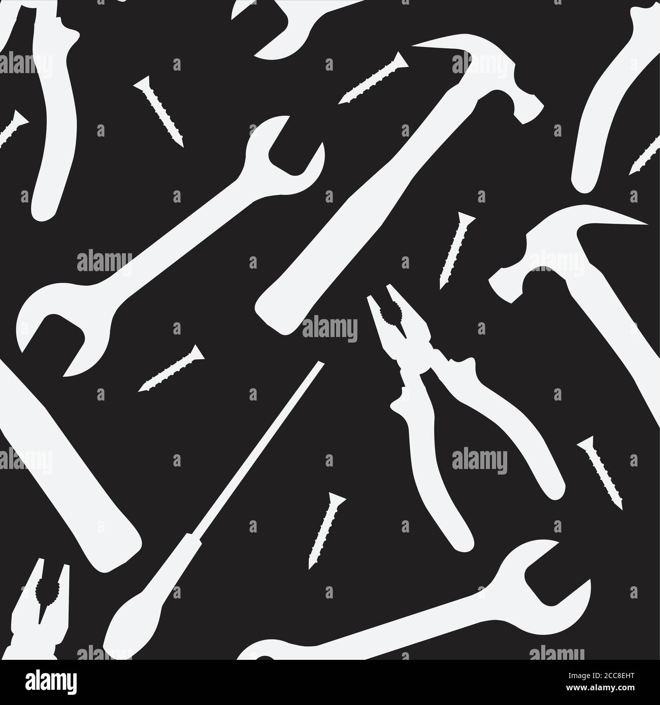 Texture noire et blanche sans couture avec silhouettes d'outils de travail. Motif vectoriel pour votre créativité Illustration de Vecteur