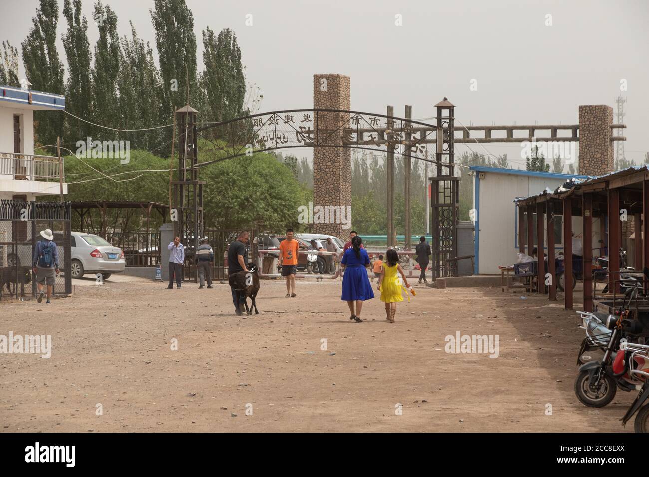 KASHGAR, CHINE : un Ouyghur quittant le marché du dimanche avec un mouton, près de Kashgar dans la région autonome de Xinjiang Uyghur Banque D'Images