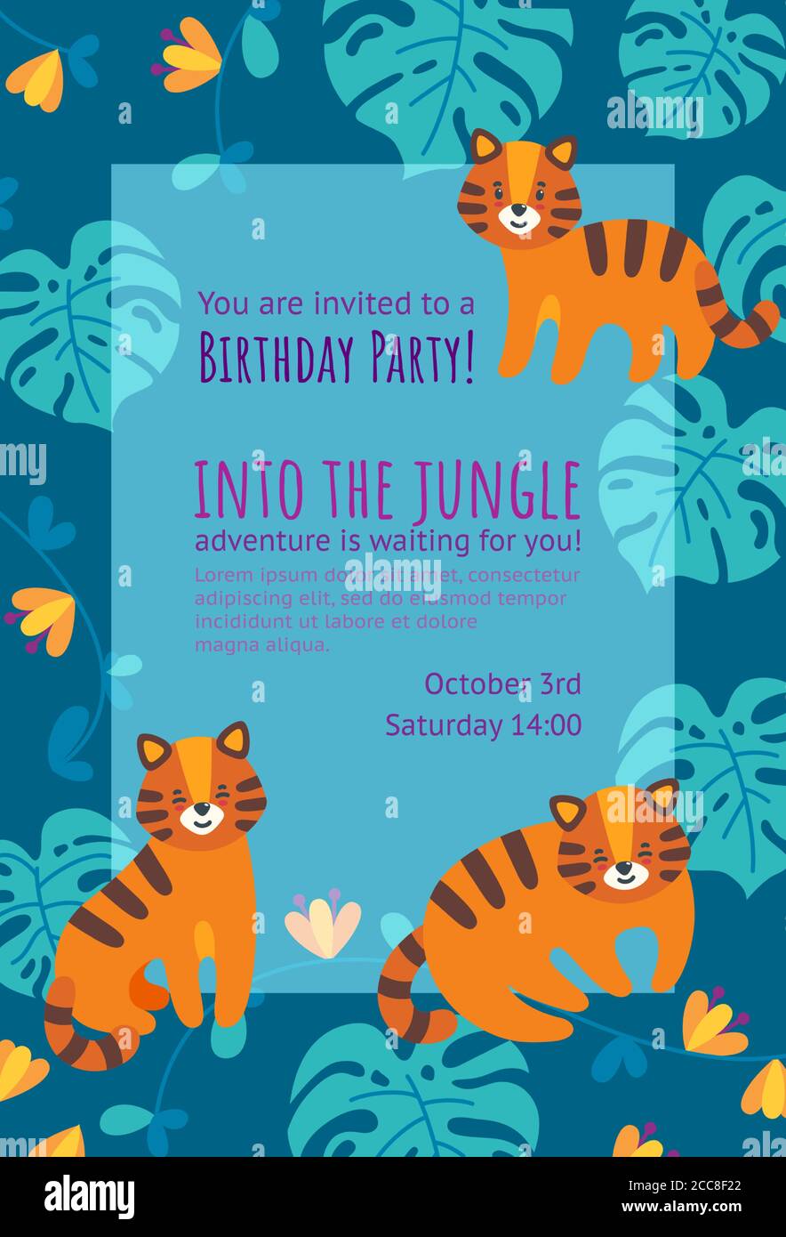 Carte D Invitation D Anniversaire Avec De Jolis Petits Tigres Motif D Invitation Vertical Pret A L Emploi Pour Les Fetes D Anniversaire Illustration De Vecteur De Fault Colore Avec Image Vectorielle Stock Alamy