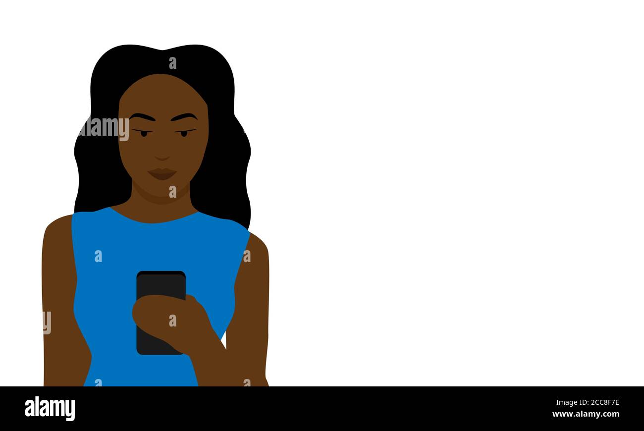 Vecteur d'une femme noire avec cheveux ondulés et chemise bleue tenant un téléphone portable dans une main isolée sur un fond blanc. Illustration de Vecteur