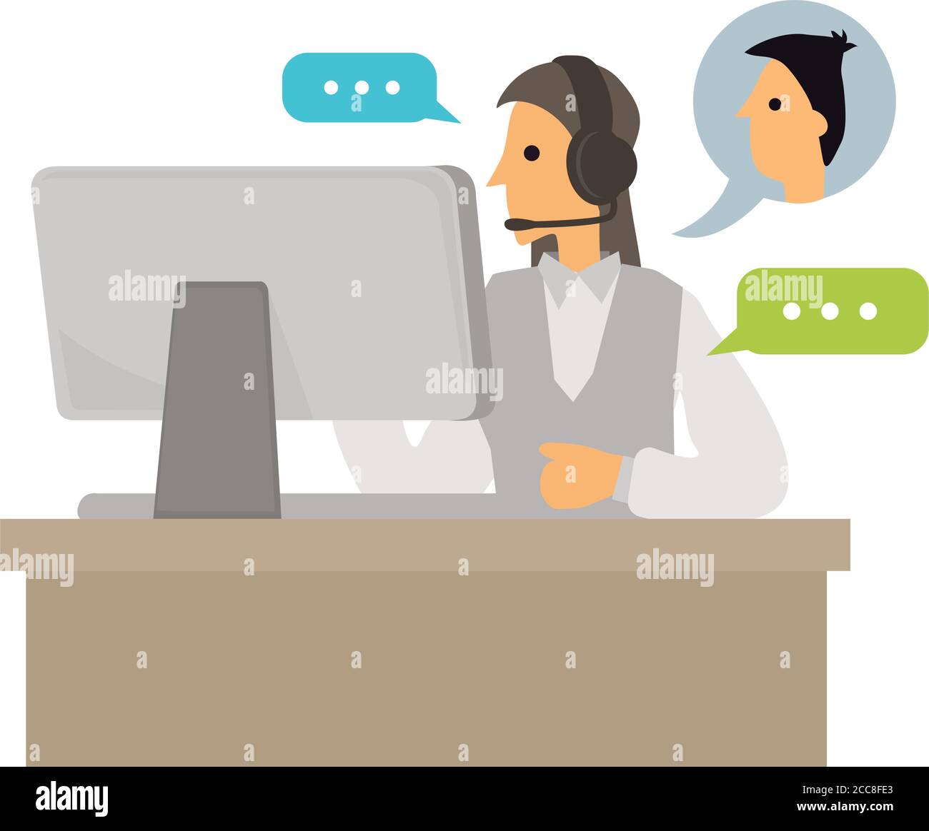 Une femme de télévendeur ou un agent de vente sur le lieu de travail avec un micro-casque au centre d'appels qui parle au client. Bureau d'assistance téléphonique, concept Workday. Personnage de dessin animé plat Illustration de Vecteur