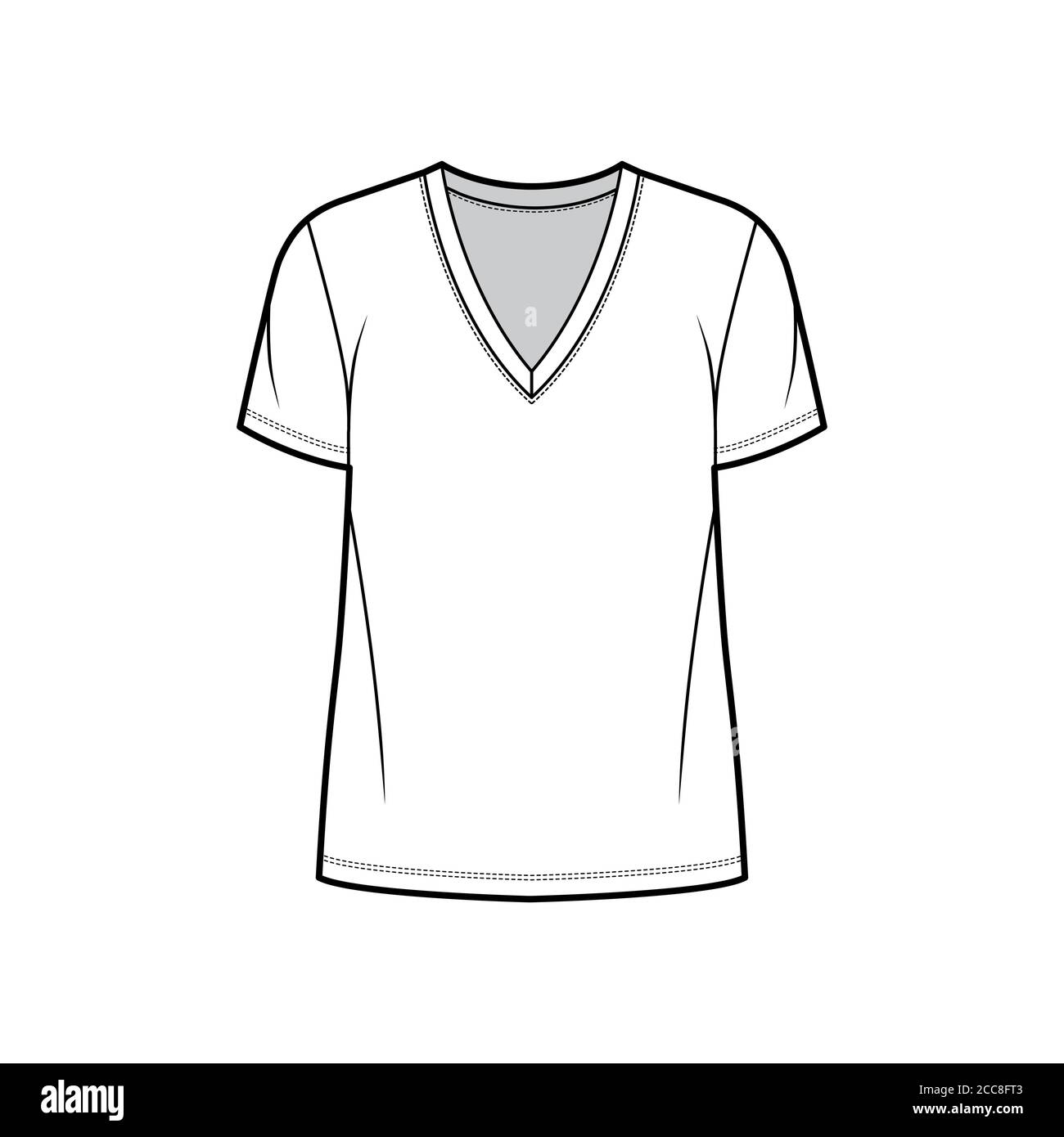 T-shirt en jersey de coton illustration technique de la mode avec col en V  profond, manches courtes, longueur tunique, surdimensionné. Modèle de  vêtement de base extérieur plat à l'avant, couleur blanche. Femmes