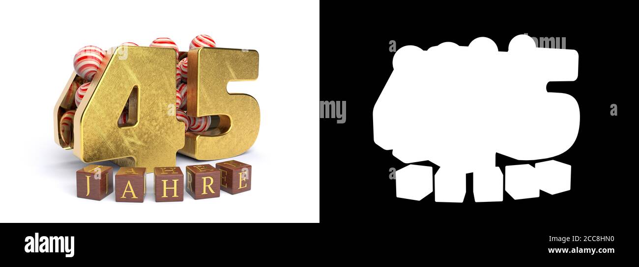 Inscription en allemand 45 ans, composé d'un numéro d'or quarante-cinq et de bonbons ronds remplissant le numéro 45 sur un fond blanc avec ombre et a Banque D'Images