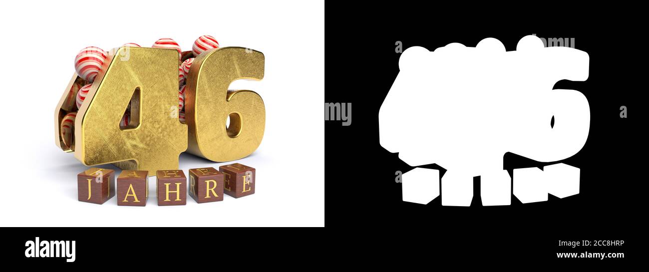 Inscription en allemand 46 ans, composée d'un numéro d'or quarante-six et de bonbons ronds remplissant le numéro 46 sur un fond blanc avec ombre et al Banque D'Images