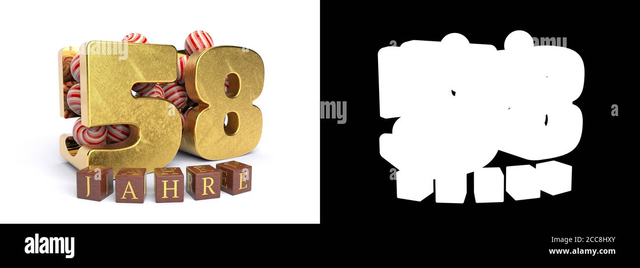 Inscription en allemand 58 ans, composée d'un numéro d'or cinquante-huit et de bonbons ronds remplissant le numéro 58 sur un fond blanc avec ombre et Banque D'Images