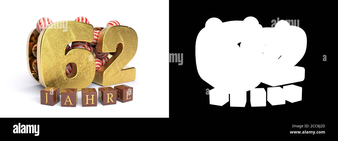 Inscription en allemand 62 ans, composée d'un numéro d'or soixante-deux et de bonbons ronds remplissant le numéro 62 sur un fond blanc avec ombre et al Banque D'Images