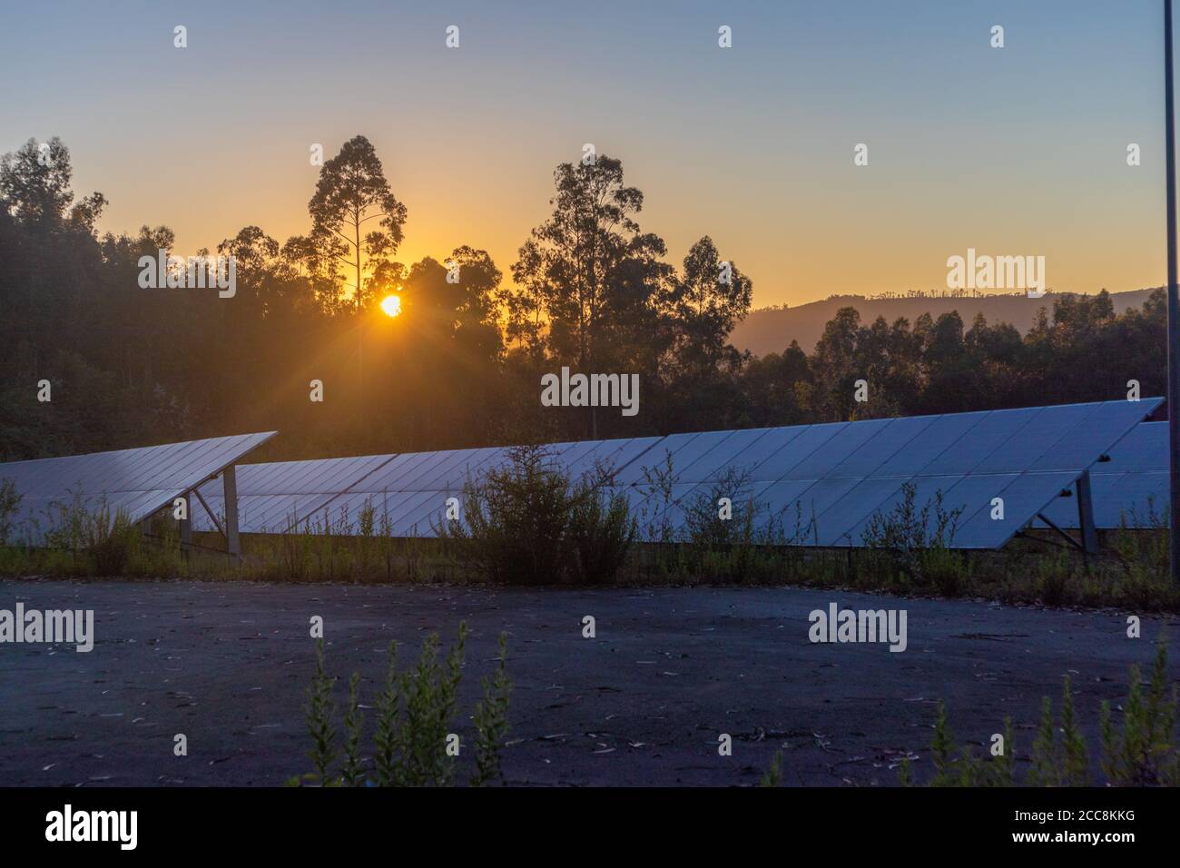 Groupe de panneaux solaires pendant le coucher du soleil, à l'heure d'or Banque D'Images