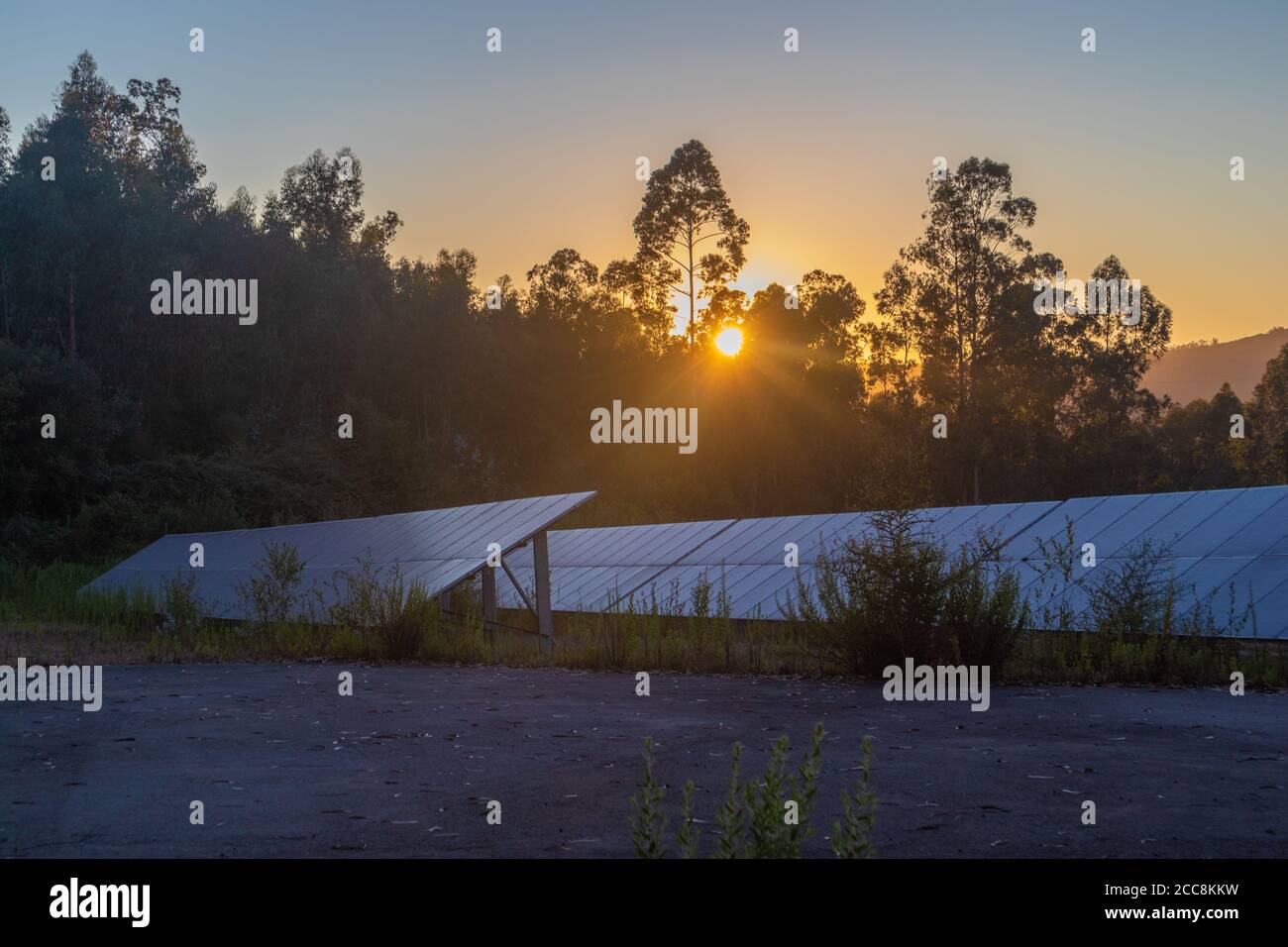 Groupe de panneaux solaires pendant le coucher du soleil, à l'heure d'or Banque D'Images