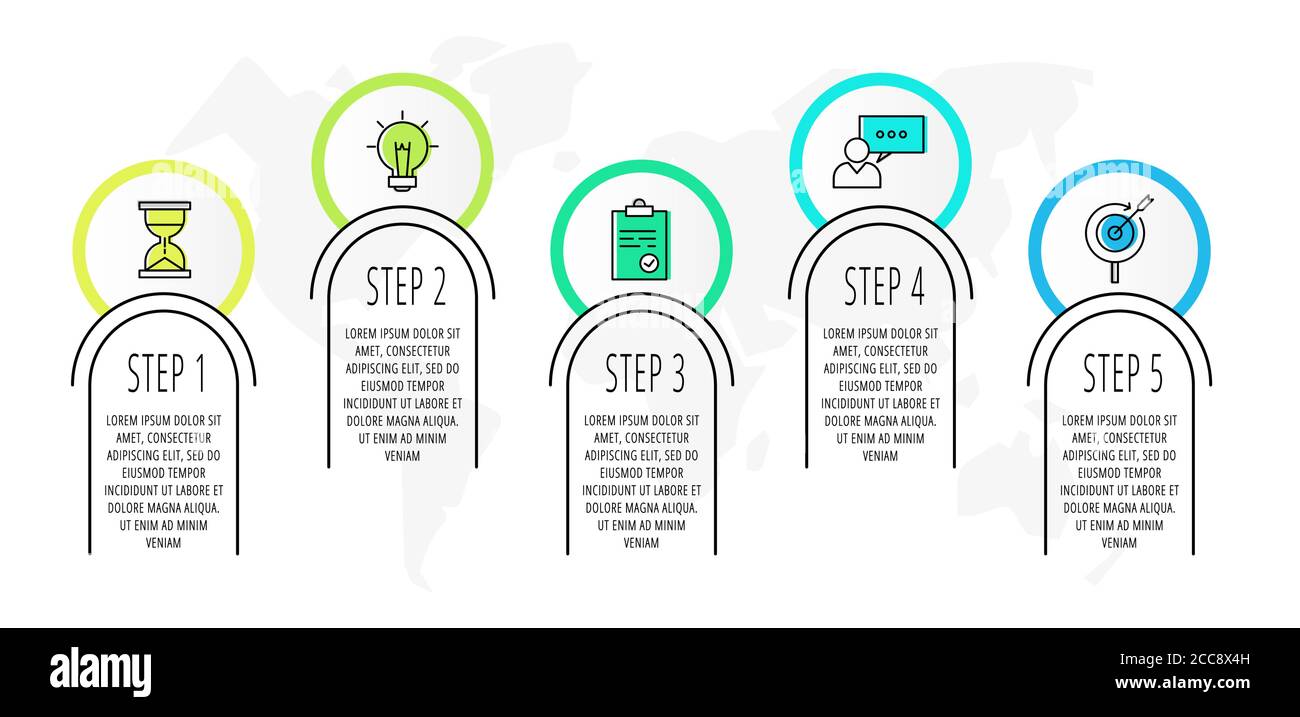 Cercles infographiques avec 5 étapes, étiquettes. Modèle vectoriel à ligne plate. Peut être utilisé pour cinq diagrammes, business, web, bannière, présentations, organigramme Illustration de Vecteur
