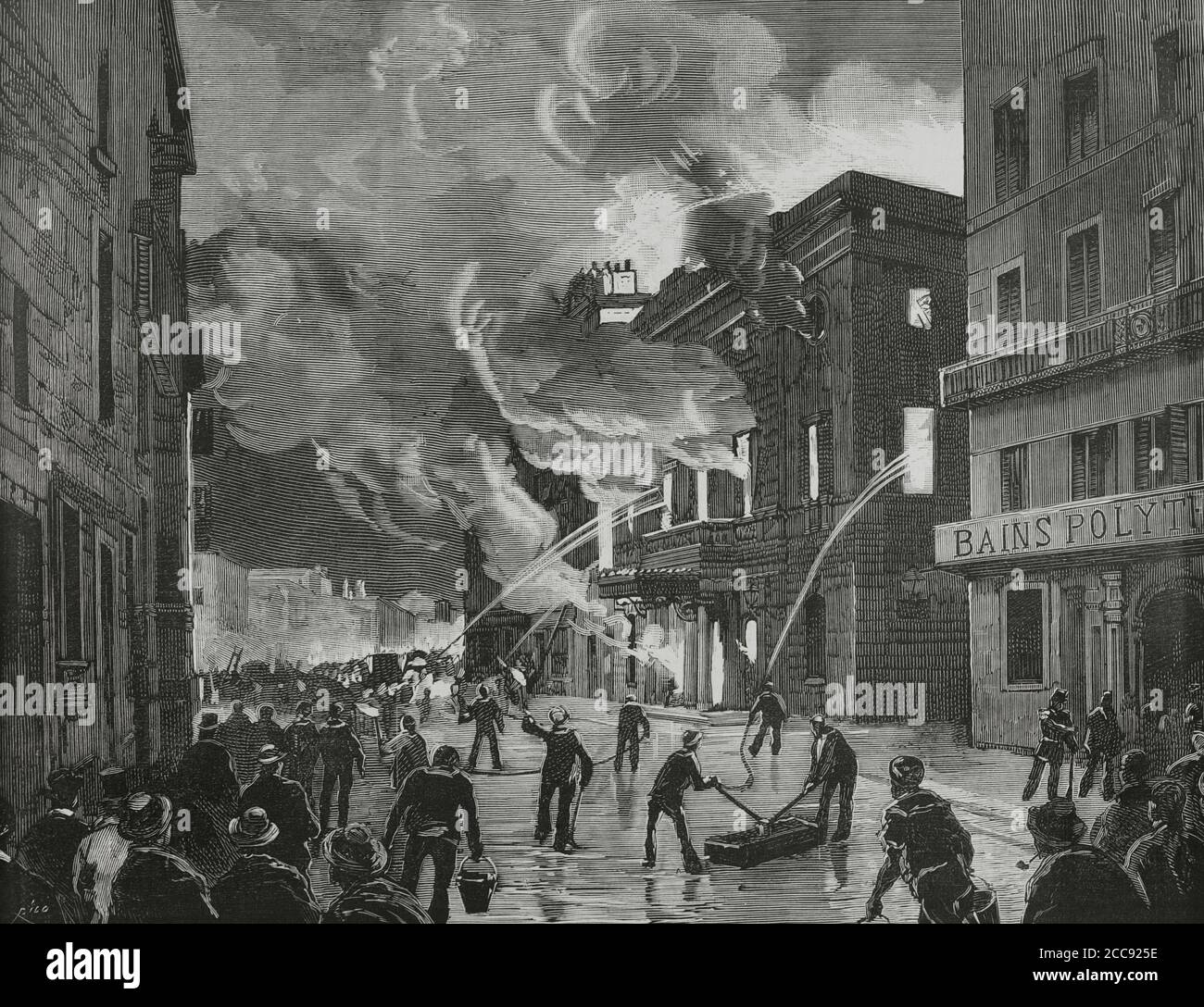 France, Nice. Incendie au théâtre italien, dans la nuit du 24 mars 1881. Le mercredi 23 mars 1881, au début de l'opéra Lucia di Lammermoor, une fuite de gaz a déclenché un incendie énorme. Le feu a été contrôlé le lendemain, mais il n'y avait plus rien de plus au théâtre. Gravure de Rico. La Ilustracion Española y Americana, 1881. Banque D'Images