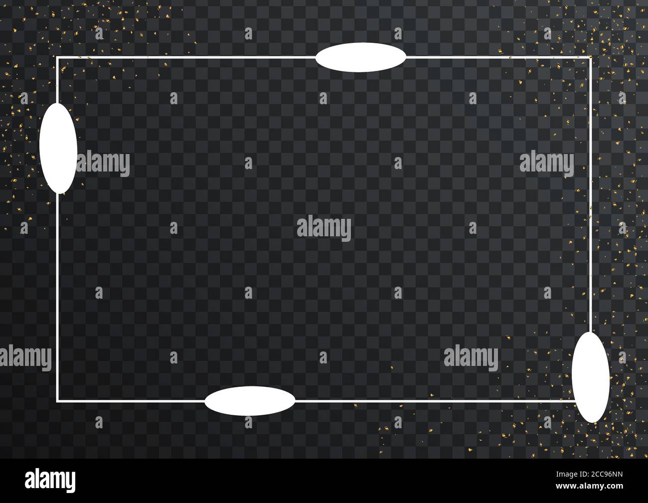 Fine bordure géométrique dorée rectangulaire et confettis sur fond transparent foncé. Bannière brillante avec espace de copie. Papier peint vectoriel élégant et coloré Illustration de Vecteur