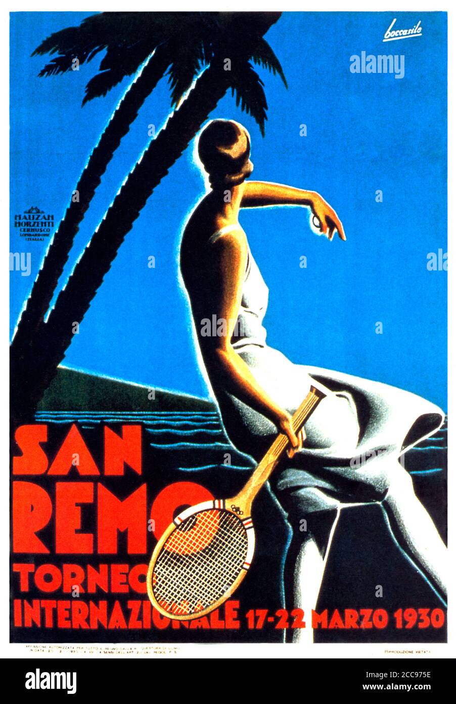 San Remo tennis, affiche de 1930 pour le tournoi international dans la ville balnéaire sur la Riviera italienne Banque D'Images