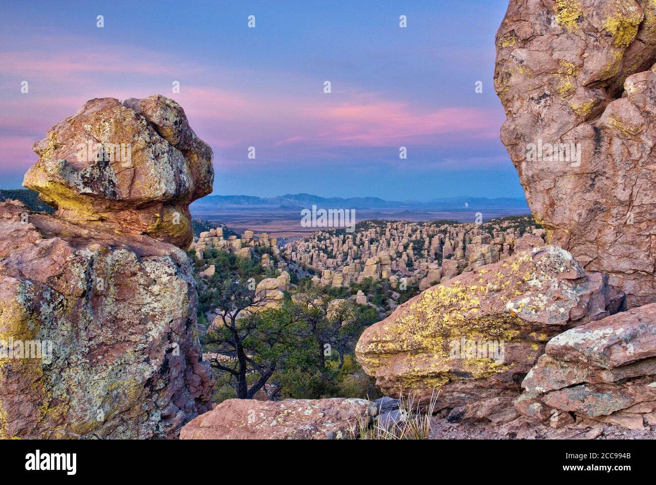 Rochers de rhyolite à Massai point au monument national de Chiricahua avec Sulphur Spring Valley Dragoon Mountains à distance, Arizona, États-Unis Banque D'Images