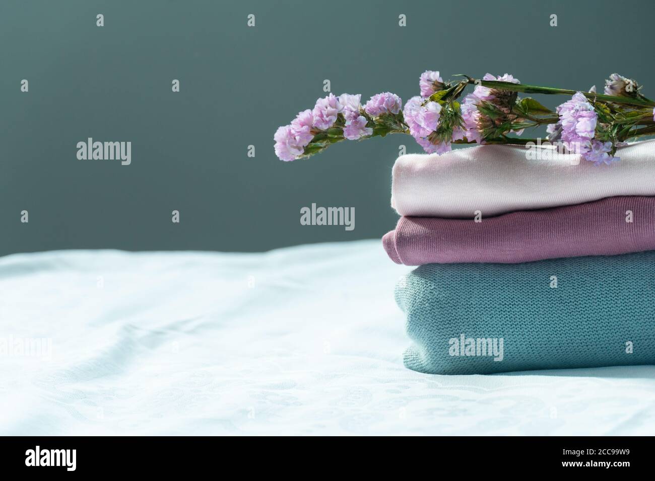 pile de vêtements rose bleu pastel avec petite fleur pourpre intérieur intérieur confortable Banque D'Images