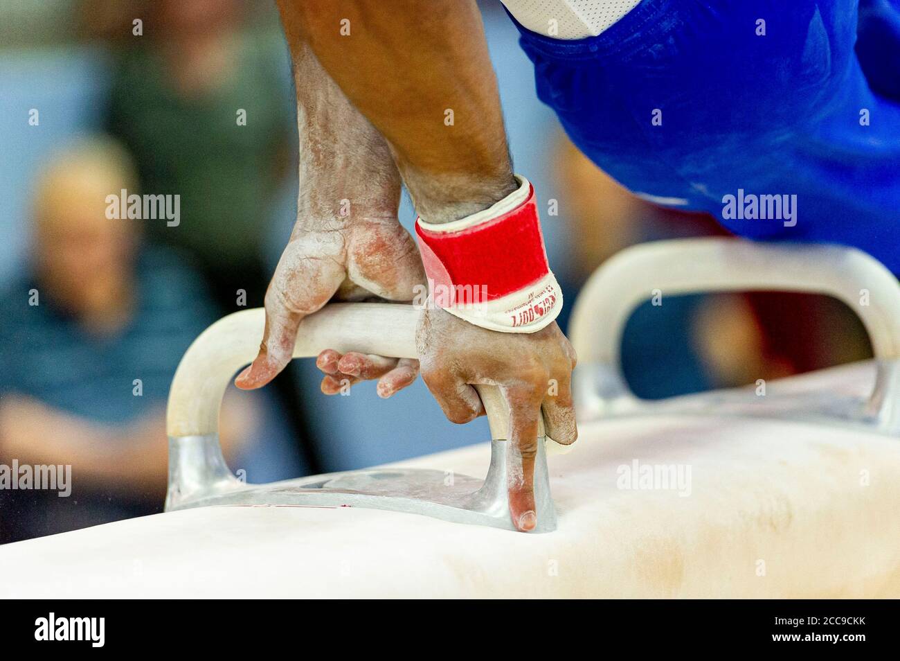 Gymnaste de l'équipe nationale française sur un cheval de pommel, l'un des appareils de gymnastique artistique des hommes. Craie pour garder les mains au sec Banque D'Images