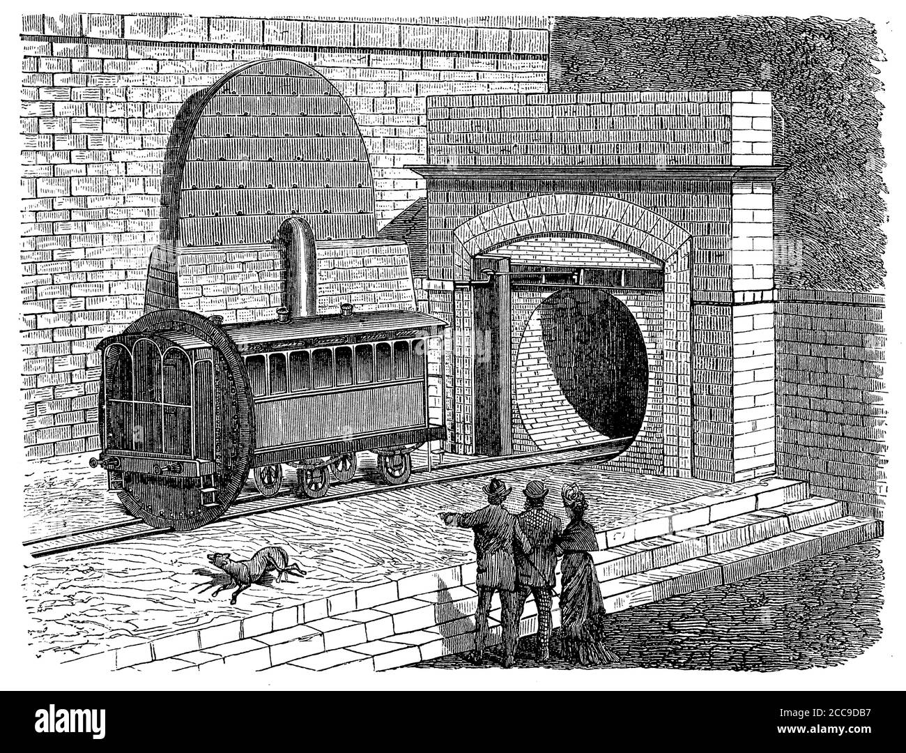 Train pneumatique Londres - Sydenham sur le terrain du Crystal Palace, le chariot entre dans un tunnel en brique d'un seul rail avec ouverture et fermeture des vannes aux extrémités pour les trains de voyageurs propulsant l'air, 19e siècle Banque D'Images