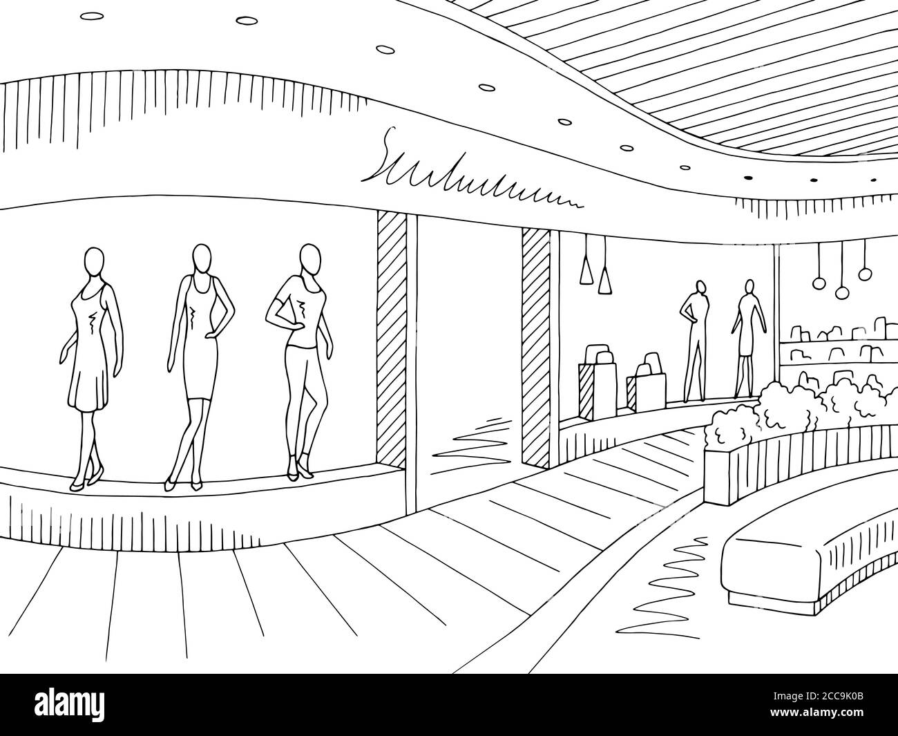 Illustration vectorielle d'un dessin d'intérieur noir blanc graphique de centre commercial Illustration de Vecteur