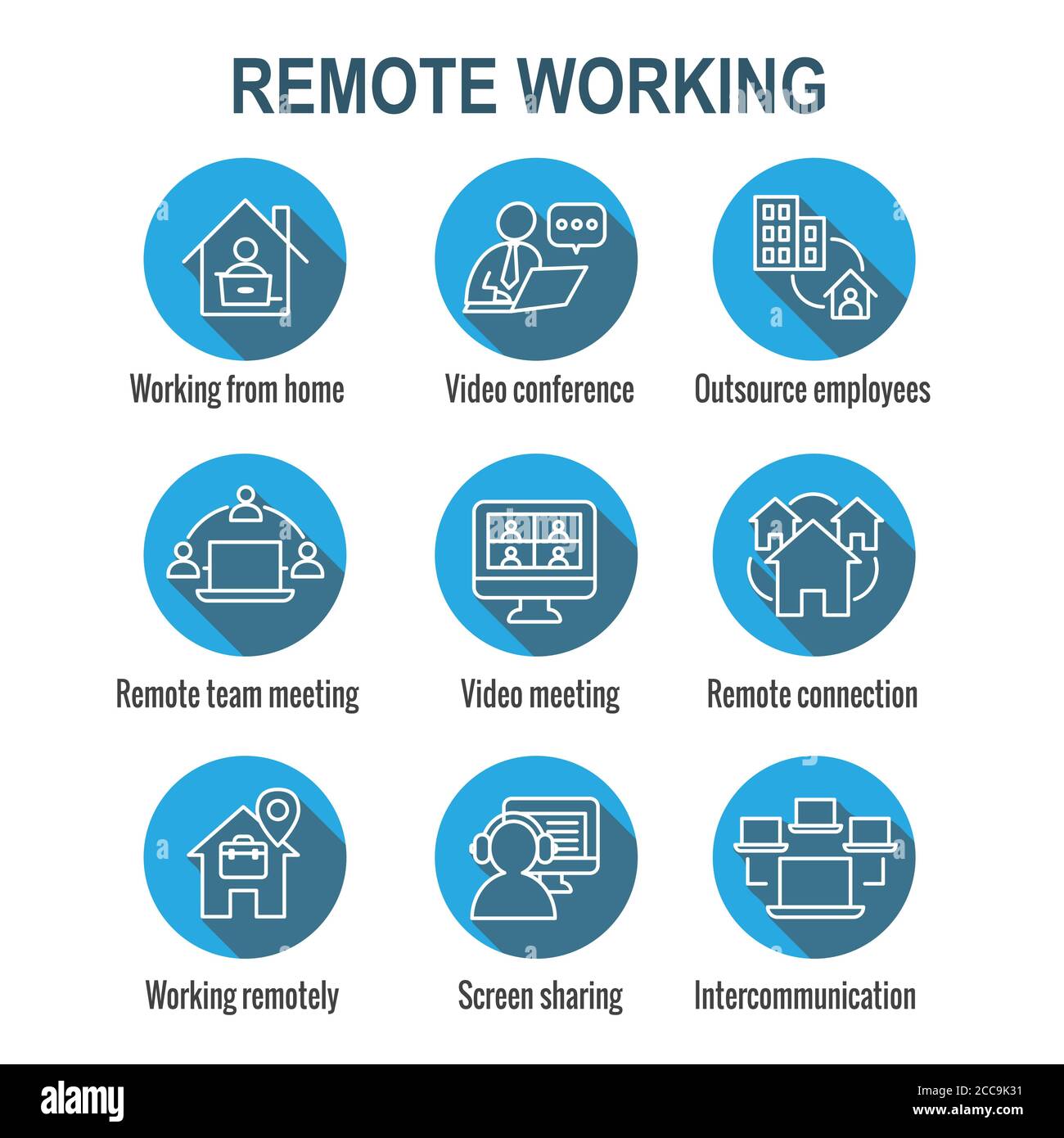 Ensemble d'icônes de travail à distance : travail à domicile, réunions vidéo, etc Illustration de Vecteur