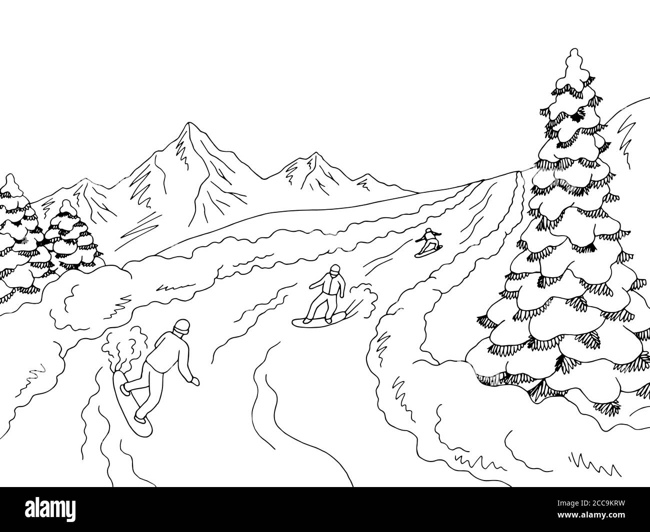 Les gens qui voyagent en snowboard à la montagne graphique noir blanc vecteur d'illustration d'esquisse paysage Illustration de Vecteur