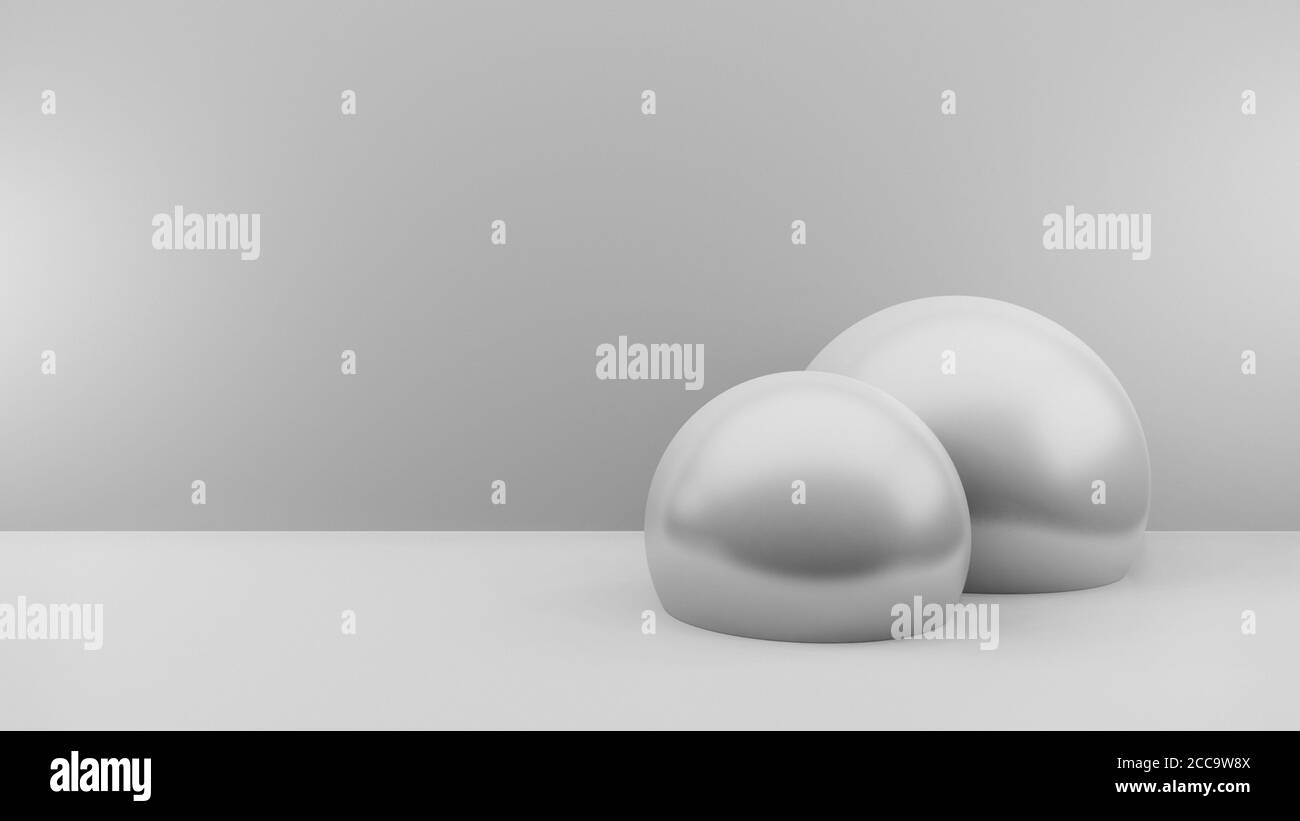 Rendu 3d minimal, illustration cgi, boules blanches, sphères ou globes, à moitié coulées dans le sol, sur fond blanc ou gris du studio Banque D'Images